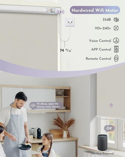Graywind Motorized Roller Shade 100% Blackout Compatible with Alexa Google Waterproof Vinyl Fabric Remote Control Hardwired Window Shades Window Blinds, Customized Size (Vinyl - Beige)