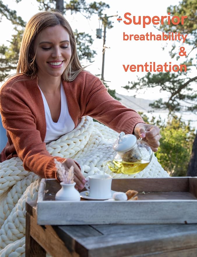 YnM Cotton Weighted Blanket, Handmade Chunky Knitted Design, Soft and Cozy, Temperature Regulating and Breathable, Machine Washable Throw for Sleep or Home Decor (Cream White, 60x80 Inch, 25lbs)
