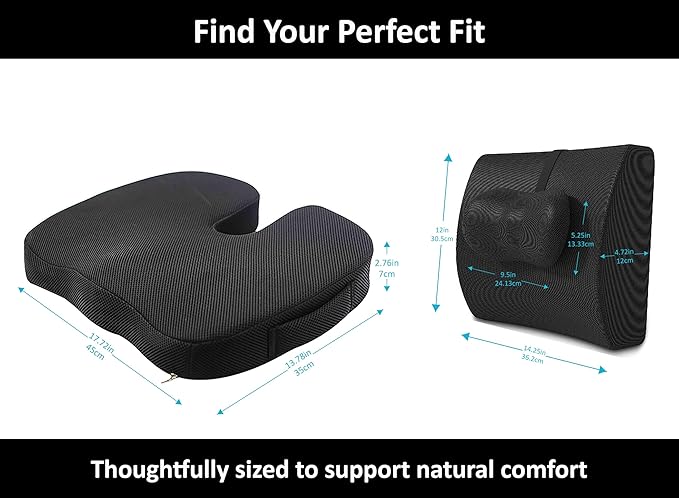 GESQUARE 3-Piece Memory Foam Seat Cushion & Lumbar Support Pillows Set – Adjustable Back Support for Office, Car & Gaming Chairs – Tailbone & Coccyx Comfort for Long Sitting.