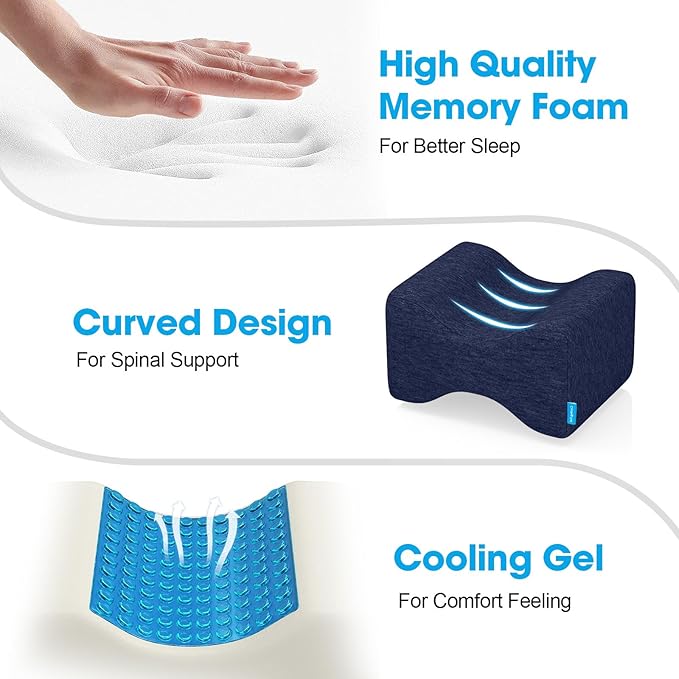 Knee Pillow for Side Sleepers with Cooling Gel, Memory Foam Elevation Pillow for Spine Aligning, Sciatica, Back, Hip, Knee, Ankle Pain, Blue/Regular
