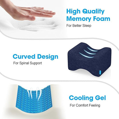 Knee Pillow for Side Sleepers with Cooling Gel, Memory Foam Elevation Pillow for Spine Aligning, Sciatica, Back, Hip, Knee, Ankle Pain, Blue/Regular