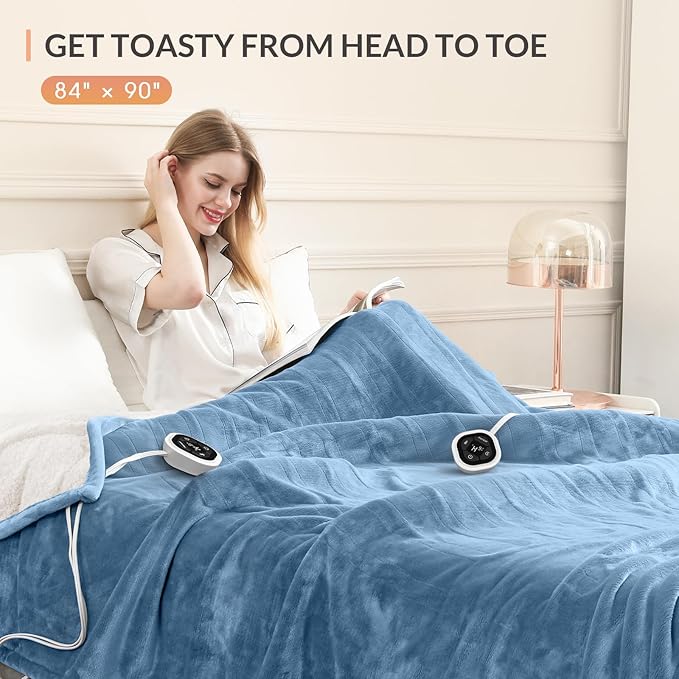 HOMLYNS LuxeHeat Heated Blanket Electric Blanket Queen Size, Soft Flannel Sherpa Heating Blanket with 10 Heat Settings, 1-10 hrs Timer Auto Shut Off (84x90 inches, Blue)