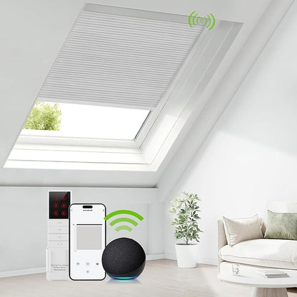 ZSTARR Motorized Skylight Shades Blackout Cellular Honeycomb Electric Blinds with Solar Panel Cordless Rechargeable with Remote for Roof and Slanted Windows Custom Size (LF Frost White)