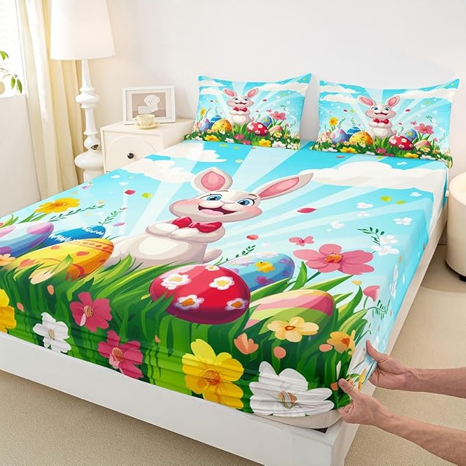 Happy Easter Bed Sheet Twin Size Funny Rabbit Easter Egg Bedding Set Spring Flowers Cute Animal Fitted Sheet Kids Boys Girls Room Decor Blue Colorful Soft Sheets with 1 Pillowcase,No Top Flat
