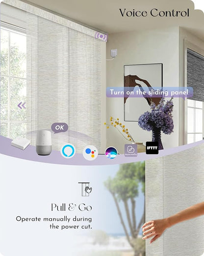 Graywind Rechargeable Smart Sliding Panels Compatible with Alexa Google Motorized Panel Track Blinds Remote Control for Patio Sliding Door Closet Door Width Up to 177" Custom Size (Moonlight)