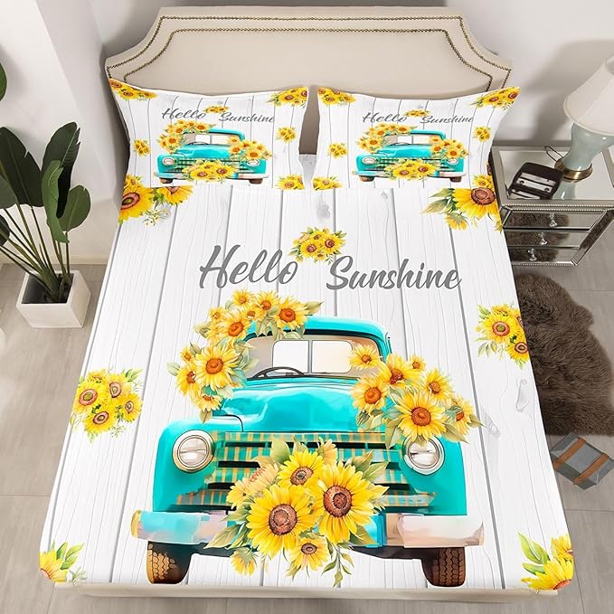 Sunflower Boys Girls Bed Sheets,Truck Flower Wooden Natural Room Decor,Floral Rustic Farmhouse Kids Twin Size Fitted Sheet,White Yellow Bedding Set,1 Pillowcase(No Flat)