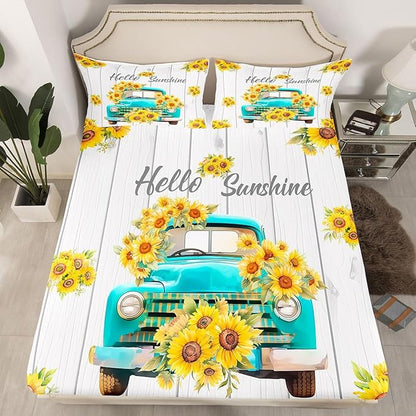 Sunflower Boys Girls Bed Sheets,Truck Flower Wooden Natural Room Decor,Floral Rustic Farmhouse Kids Twin Size Fitted Sheet,White Yellow Bedding Set,1 Pillowcase(No Flat)