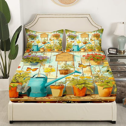Manfei Gardening Kids Sheet King Size,Potted Plants Flowers Butterfly Bedding Set,Boys Girls Room Decor,Geometric Wooden Plank Rustic Green Brown Bed Sheet Set 4pcs(Fitted + Flat + 2 Pillowcases)