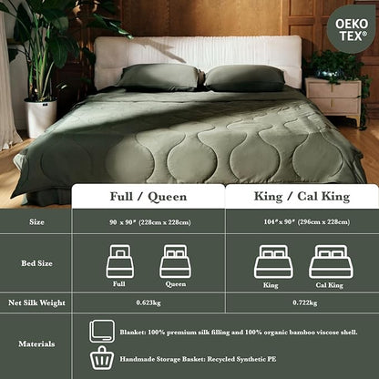 Silk Comforter Queen Size | 100% Mulberry Silk Fill with Organic Bamboo Viscose Shell | Summer Cooling Blanket for Hot Sleepers, Lightweight Breathable All-Season Bedding (Olive, 90"x90")