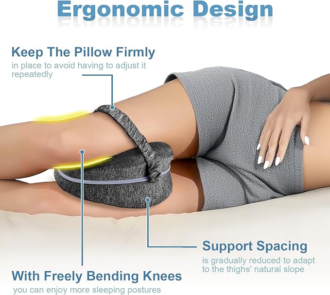 Knee Pillow for Side Sleepers, Leg Pillow for Sleeping, Knee Pillow with Strap, Alignment Pillow Between Legs, Suitable for Relieving Leg, Back & Knee Pain, Machine Washable (Grey)