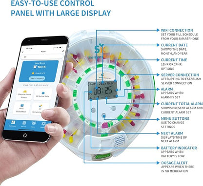 Smart WiFi Automatic Pill Dispenser w/Lock for Elderly, 28-Day Medication Organizer with Light/Sound & APP Alarm, up to 9 Alarms/Day, 9 Doses Per Day for Prescriptions & Vitamins, Clear Lid