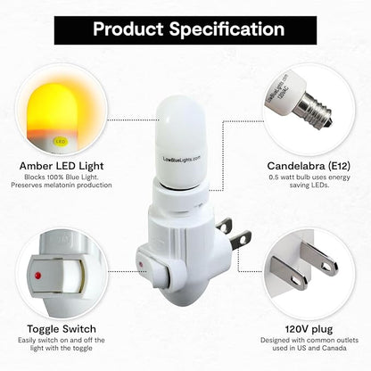LowBlueLights Amber Night Light: 120V Plug-in LED Blocks 100% Blue Light for Sleeping, Nursery and Preserving Melatonin Production
