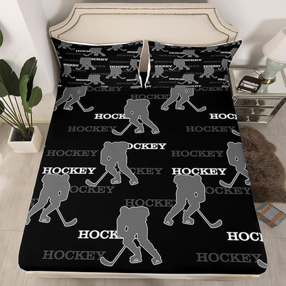 Manfei Ice Hockey Bed Sheets Full Size, Easy Wash Bedding Set,Winter Sports Modern Boys Girls Room Decor,Black Gray Sheet(Fitted+Flat+2 Pillowcases)