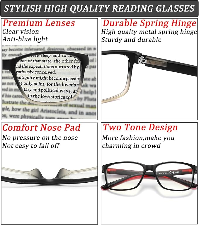 Blue Light Blocking Reading Glasses for Men,4 Pack Stylish Computer 1.75 Readers with Spring Hinges,Anti Glare/Eye Strain Filter UV Ray Magnigying Reader Eyeglasses,+1.75 Magnification Strength