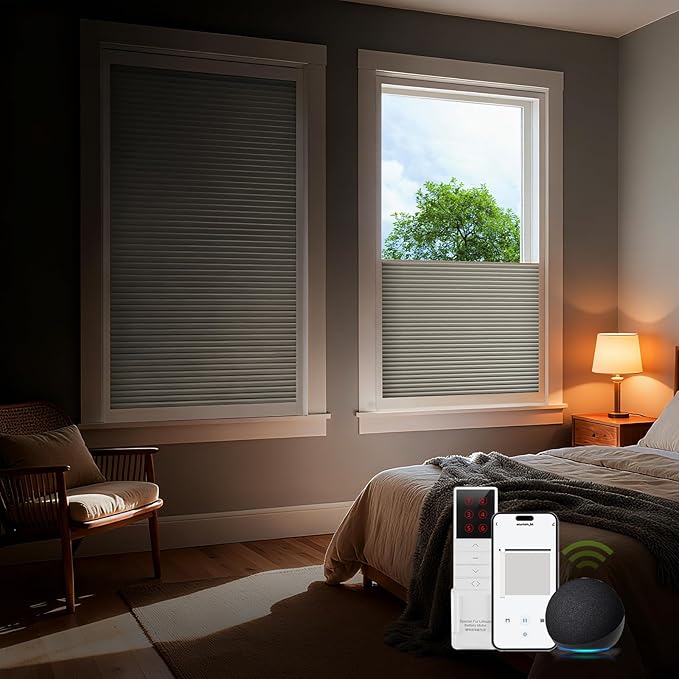ZSTARR Motorized Skylight Shades Blackout Cellular Honeycomb Electric Blinds with Solar Panel Cordless Rechargeable with Remote for Roof and Slanted Windows (Blackout Earth Grey)