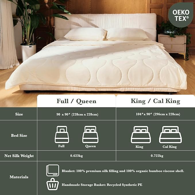 Silk Comforter King Size | 100% Mulberry Silk Fill with Organic Bamboo Viscose Shell | Summer Cooling Blanket for Hot Sleepers, Lightweight Breathable All-Season Bedding (Cream, 104"x90")