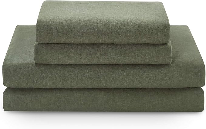 YnM French Linen Sheet Set - 3-Piece Set Includes Flat Sheet, Fitted Sheet, and 1 Pillowcases – Twin, Army Green