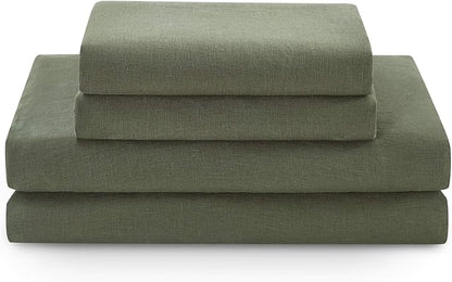 YnM French Linen Sheet Set - 3-Piece Set Includes Flat Sheet, Fitted Sheet, and 1 Pillowcases – Twin, Army Green