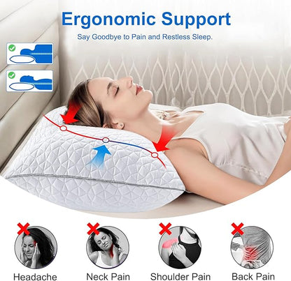 Cooling Pillows Queen Size Set of 2, Shredded Memory Foam Pillows, Adjustable Firm Bed Pillows Cool Cold Pillow for Hot Side Back Stomach Sleepers with Removable Washable Cover, 20" x 30", White