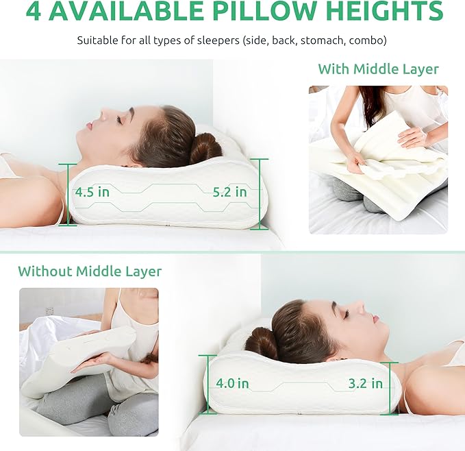 UTTU Cervical Pillow for Neck Strain Relief, Memory Foam Neck Pillow for Sleeping, Adjustable Orthopedic Sandwich Pillow, Contour Cooling for Side Back Stomach Sleeper, Queen(23.6"×14"×5.2"/4.5")