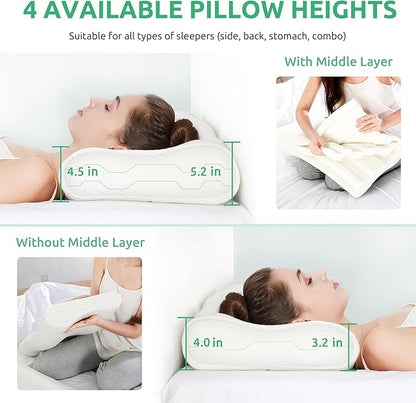 UTTU Cervical Pillow for Neck Strain Relief, Memory Foam Neck Pillow for Sleeping, Adjustable Orthopedic Sandwich Pillow, Contour Cooling for Side Back Stomach Sleeper, Queen(23.6"×14"×5.2"/4.5")