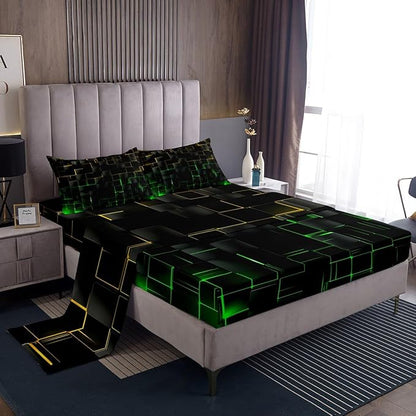 Manfei Yellow and Green Sheet Set Queen Size, Abstract Geometric Grid Bed Sheet Set 4pcs with Deep Pocket Fitted Sheet + Flat Sheet + 2 Pillowcases, Black Square Lattice Bedding Set for Kids Boys Teen