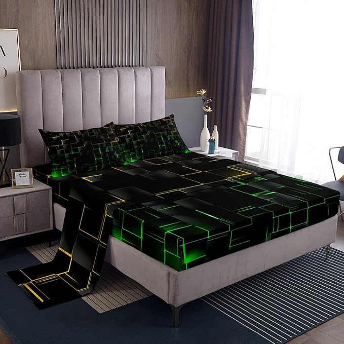 Manfei Yellow and Green Sheet Set Full Size, Abstract Geometric Grid Bed Sheet Set 4pcs with Deep Pocket Fitted Sheet + Flat Sheet + 2 Pillowcases, Black Square Lattice Bedding Set for Kids Boys Teen