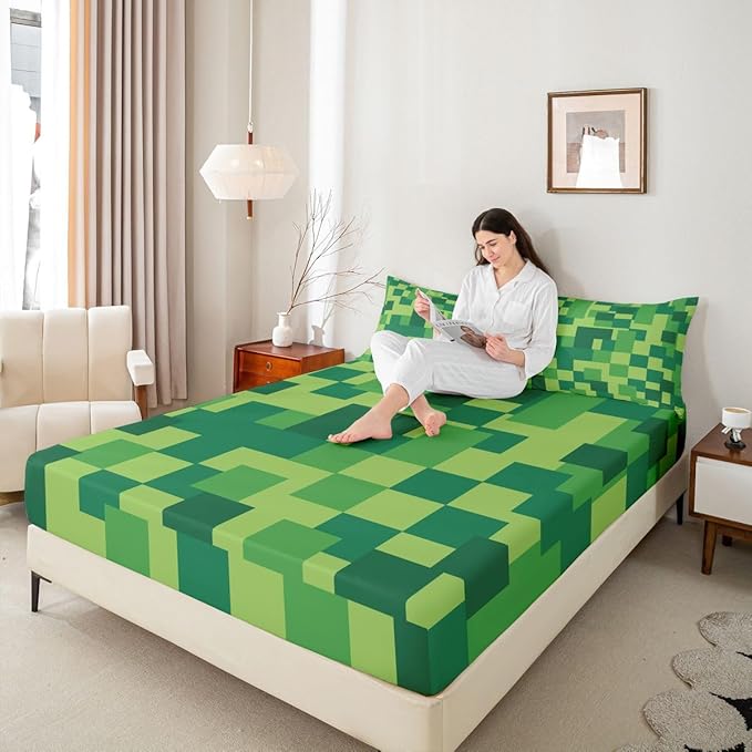 Pixel Grid Kids Queen Size Fitted Sheet,Video Games Plaid Lattice Boys Girls Bed Sheets,Geometric Check Abstract Room Decor,Green Bedding Set,2 Pillowcases(No Flat)