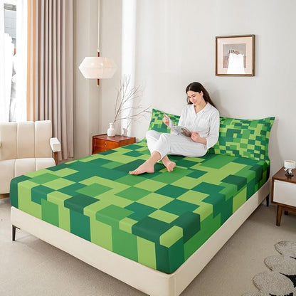 Pixelated Blocks Boys Girls Bed Sheets,Patchwork Square Video Games Room Decor,Abstract Geometric Grid Kids Twin Size Fitted Sheet,Green Bedding Set,1 Pillowcase(No Flat)