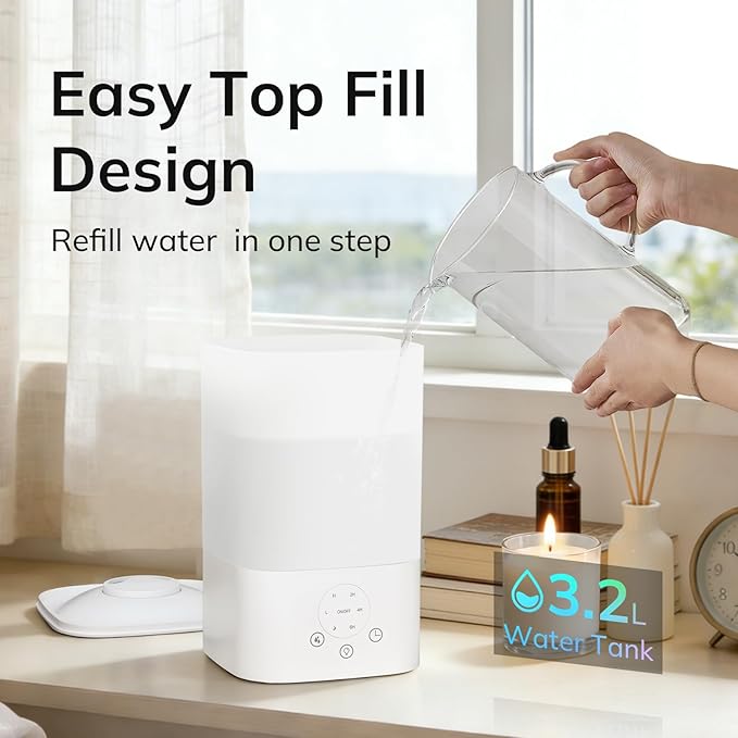 ZAFRO 3.2L Comfort Humidifier for Bedroom, Touch Panel with Timer, 7 Color LED Night Light, Top Fill Design & Three Mist Levels, Ultrasonic Cool Mist Humidifier with Auto Shut-off, White