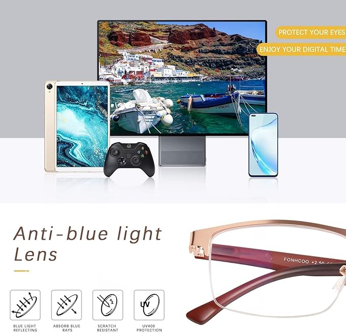 FONHCOO Reading Glasses for Women Men, Blue Light Blocking Reading Glasses Metal Half Frame Computer Readers Anti UV/Glare