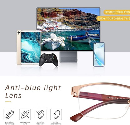FONHCOO Reading Glasses for Women Men, Blue Light Blocking Reading Glasses Metal Half Frame Computer Readers Anti UV/Glare