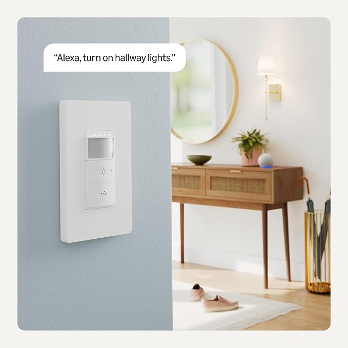 Amazon Basics Smart Motion Sensor Dimmer Switch, Single Pole, Works with Alexa Only, 2.4 GHz Wi-Fi, No Hub Required, Voice Control, Control from Anywhere, 1-Pack, White