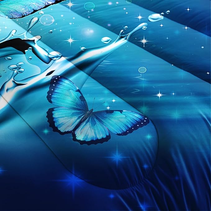 Fantasy Blue Butterfly Comforter Set King Size,Butterflies on Water Flash Bedding Sets 3 Pieces,Blue Series Aesthetic Bedding for Kids Girls Boys Room Decor with 2 Pillowcases.