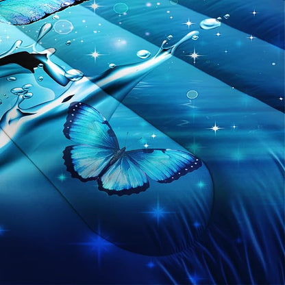 Fantasy Blue Butterfly Comforter Set Queen Size,Butterflies on Water Flash Bedding Sets 3 Pieces,Blue Series Aesthetic Bedding for Kids Girls Boys Room Decor with 2 Pillowcases.
