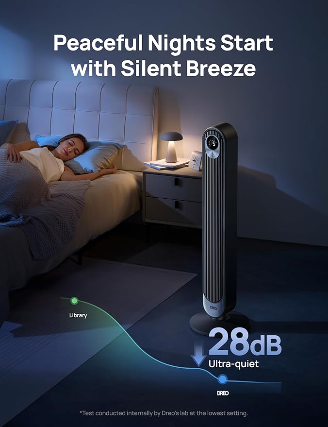 Dreo Smart Tower Fan WiFi Voice Control, Works with Alexa/Google,Floor Standing Bladeless Oscillating Fan with Remote, 6 Speeds, 4 Modes, 12H Timer, for Indoor Bedroom Home Office