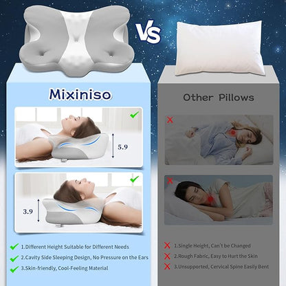 Cervical Neck Pillow, Side Sleeper Pillows, Cooling Ergonomic Neck Support Pillow for Neck Pain Relief, Orthopedic Contour Memory Foam Pillows for Side Back & Stomach Sleepers