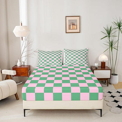 Lattice Boys Girls Bed Sheets,Geometric Plaid Patchwork Room Decor,Simple Modern Abstract Kids Twin Size Fitted Sheet,Pink Green Bedding Set,1 Pillowcase(No Flat)