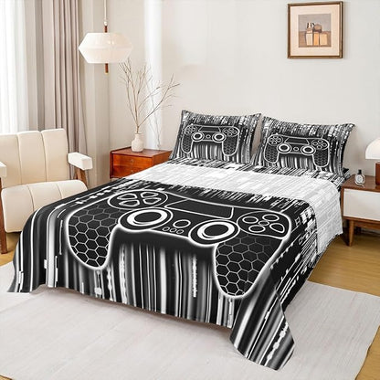 Gamepad Kids Sheet King Size,Honeycomb Hexagon Geometric Fashion Bedding Set,Boys Girls Room Decor,Modern Videogaming Gamer Controller Black White Bed Sheet Set 4pcs(Fitted + Flat + 2 Pillowcases)