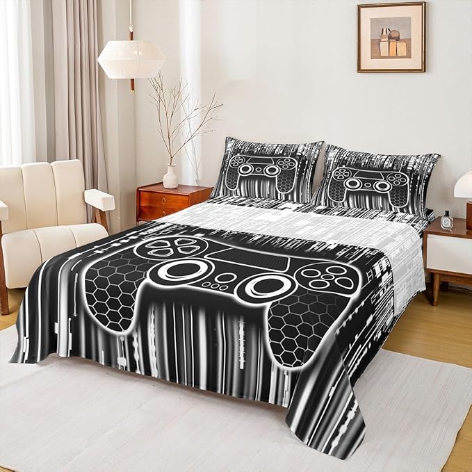 Gamepad Kids Sheet Full Size,Honeycomb Hexagon Geometric Fashion Bedding Set,Boys Girls Room Decor,Modern Videogaming Gamer Controller Black White Bed Sheet Set 4pcs(Fitted + Flat + 2 Pillowcases)
