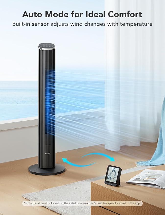 GoveeLife Black Tower Fan for Bedroom, 36" Smart Floor Fan with App/Voice Control, Temperature Sensor, 5 Modes 8 Speeds(25ft/s), 29dB Quiet Oscillating Fan for Office, 24H Timer, Auto Cooling