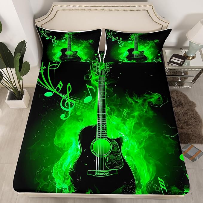 Electric Guitar Fitted Sheet Set Full Size 4 Pcs,Rock Music Theme Guitar Musical Notes Teens Sheets,Neon Green Glowing Modern Artistic Bedding Sets (1 Fitted,1 Flat,2 Pillowcases)