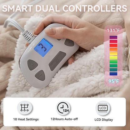 Heated Electric Blanket Queen Size 84"×90" Soft Flannel and Sherpa Warm Blanket Dual Controllers Heating Blanket,10 Heating Levels,Machine Washable,Beige
