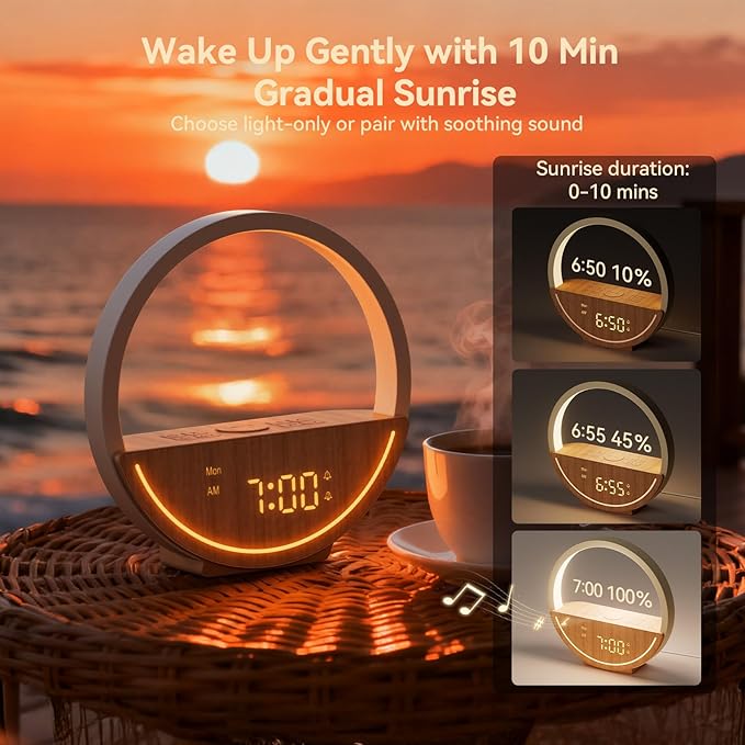 Vivilumens Alarm Clock Sunrise Wake Up Light - White Noise Machine with 20 Soothing Sounds for Sleep Better, Weekdays/Weekends Dual Alarms for Heavy Sleepers & Touch Control Night Light, Ideal Gifts