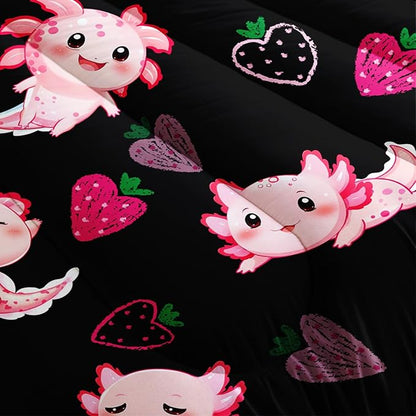 Cute Axolotl Bedding Set Queen Size,Pink Axolotl Strawberry Printed Comforter Sets Aesthetic Bedding for Kids Girls,Beach Coastal Animal Themed Comforter Sets with 2 Pillowcases.