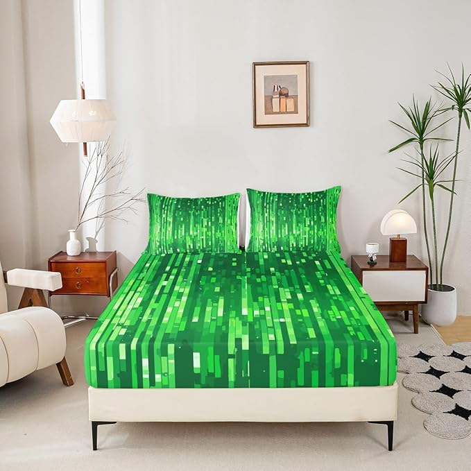 Pixel Foil Boys Girls Bed Sheets,Geometric Plaid Gamepad Room Decor,Pixelated Check Patchwork Kids Twin Size Fitted Sheet,Green Bedding Set,1 Pillowcase(No Flat)