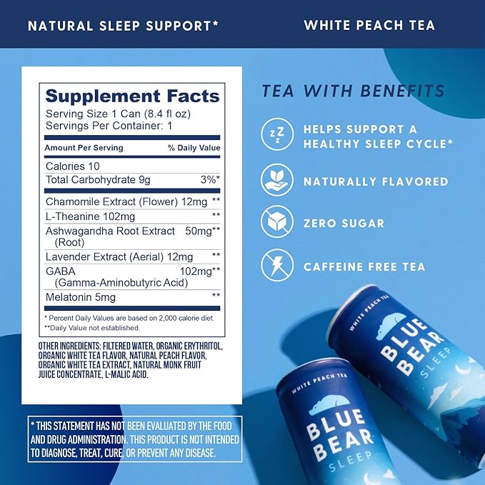 Blue Bear Melatonin Sleep Drink, Sleep Tea for Bedtime Support, White Peach Tea with Melatonin (5mg), Lavender, Ashwagandha, Chamomile, GABA, L-Theanine, Caffeine-Free, Zero Sugar, 8.4 Fl Oz 12-Pack