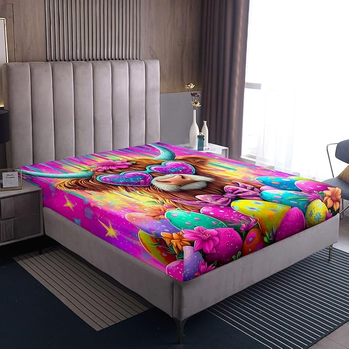 Highland Cattle Fitted Sheet Queen Size Funny Animal Happy Easter Bedding Set for Kids Bedroom Cartoon Funny Animal Bed Sheet Set 3pcs Purple Colorful Deep Pocket Mattress Cover,No Top Flat