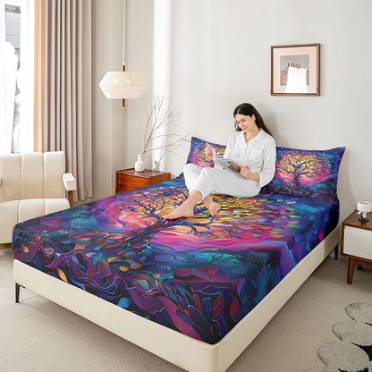 Tree of Life Boys Girls Bed Sheets,Stained Glass Leaves Abstract Room Decor,Aesthetic Nature Plant Kids Twin Size Fitted Sheet,Colorful Bedding Set,1 Pillowcase(No Flat)