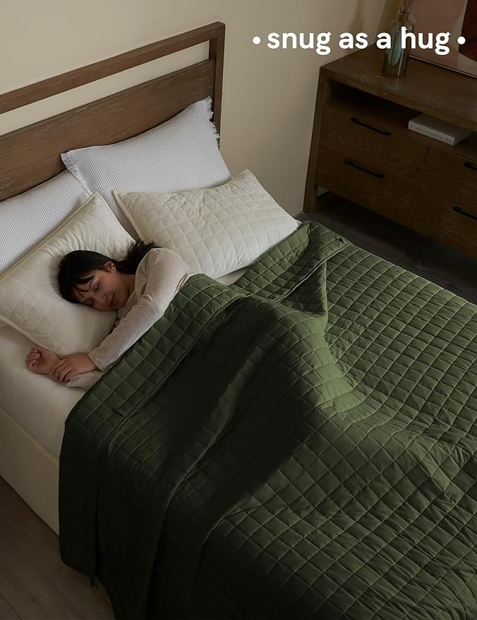 YnM Weighted Blanket, Soothing Cotton, Smallest Compartments with Glass Beads, Bed Blanket for One Person of 60lbs, Ideal for Twin Bed (41x60 Inches, 7 Pounds, Amy Green)